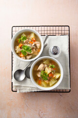 Homemade salmon soup with vegetables