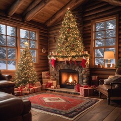 beautiful interior of the christmas tree with fireplace and gifts