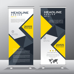 Banner roll-up design, business concept. Graphic template roll-up for exhibitions, banner for seminar, layout for placement of photos. Universal stand for conference, promo banner vector background.