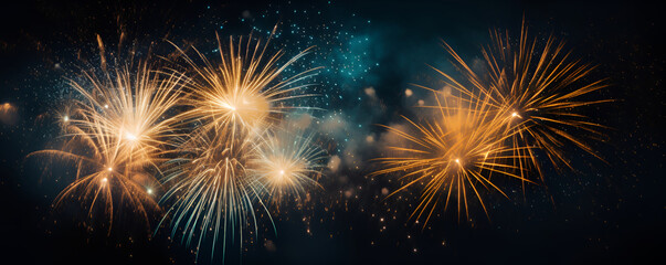 Naklejka premium Festive fireworks on dark blue sky background, celebration banner concept