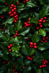 Obraz premium Abstract background with green Holy Berry leaves and baubles. Vertical composition.