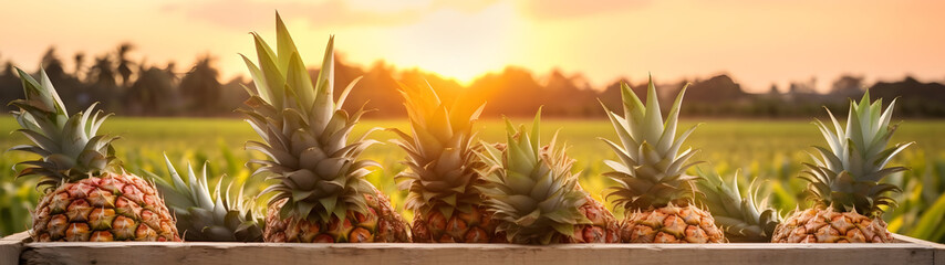Pineapples harvested in a wooden box in plantation with sunset. Natural organic fruit abundance. Agriculture, healthy and natural food concept.