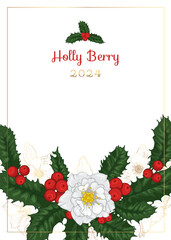 Christmas white hellebore flowers, red berries, holly berry frame.  - 675219880