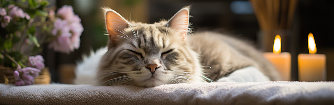 A Cat Sleeping On A Massage Table While Taking Spa Treatments