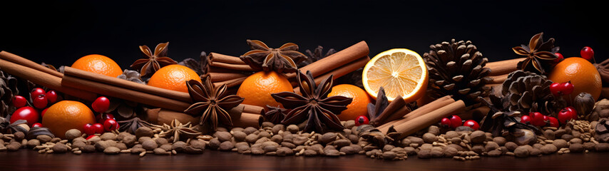 Christmas spices, fruit pieces, baubles, seeds and leaves abstract background. Horizontal composition, banner.