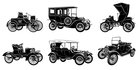 Early Vintage Cars. Vector silhouettes isolated on white.