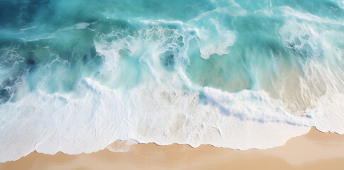 Ocean sand beach ocean waves scenery top view photo - obrazy, fototapety, plakaty