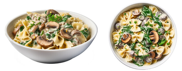 Spinach and mushroom farfalle in a creamy sauce isolated on white background, italian pasta...