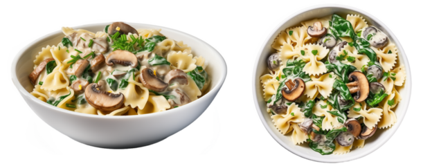 Spinach and mushroom farfalle in a creamy sauce isolated on white background, italian pasta collection, food bundle