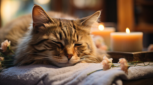 A cat sleeping on a massage table while taking spa treatments