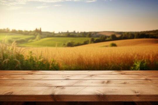 An empty wooden table with a blurred farm background. A lively scene. Generative AI