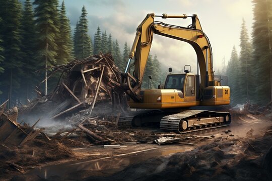 Road construction with forest excavator. Generative AI