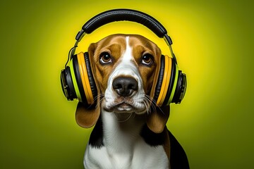 dog with headphones listening music