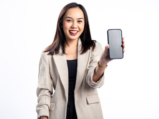 A portrait of an Indonesian Asian woman wearing a cream-colored blazer, showcasing a blank smartphone screen. Isolated against a white background.