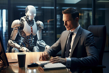 Business man working alongside an artificial intelligence cyborg in an office setting, depicting the future of work and the integration of AI in the workforce. - obrazy, fototapety, plakaty
