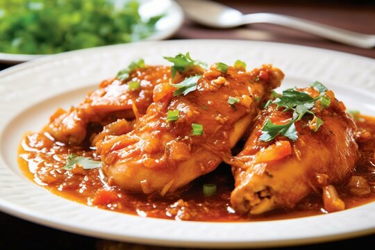 Tender chicken cooked in tangy, flavorful sauce. Generative AI