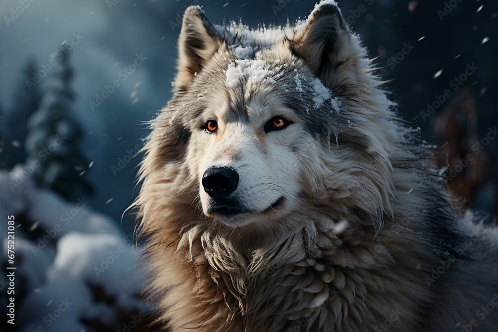Poster an atmospheric photograph of a lone snow husky standing amidst a snowstorm, capturing the solitude a