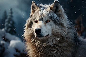 An atmospheric photograph of a lone snow husky standing amidst a snowstorm, capturing the solitude and resilience of these dogs.  