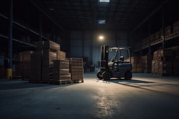 warehouse driver loading cardboard boxes by forklift stacker loader,