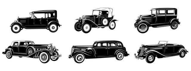 Set of Vintage Retro Cars. Vector silhouettes isolated on white. - obrazy, fototapety, plakaty