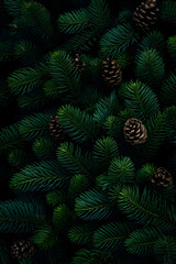 Fir branches and cones green needle abstract background Christmas texture. Vertical composition.
