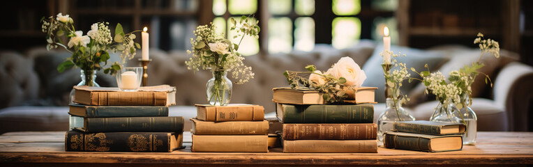 A pile of vintage books at living room in farmhouse
