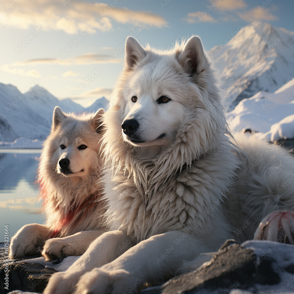 Poster a serene capture of snow huskies resting by a frozen lake, surrounded by a serene and wintry landsca