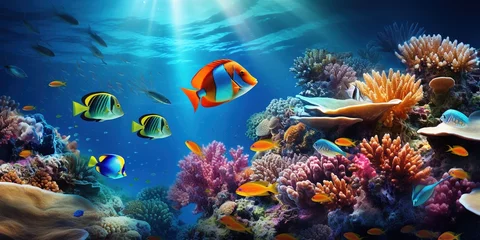 Poster Im Rahmen A group of fish swimming over a coral reef in the ocean. © Svitlana