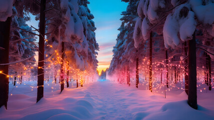 Colorful Christmas lights on spruce and fir trees covered with snow inside a winter forest in the evening with sunset.