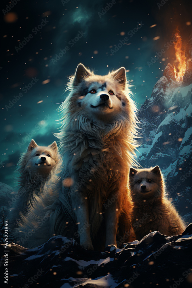 Poster an atmospheric image of snow huskies and their handlers under a vibrant display of the northern ligh