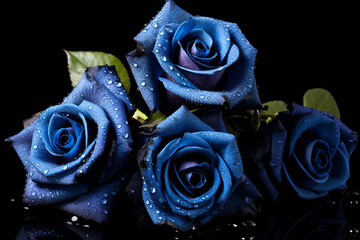 Beautiful blue roses with water drops on black background generated.AI