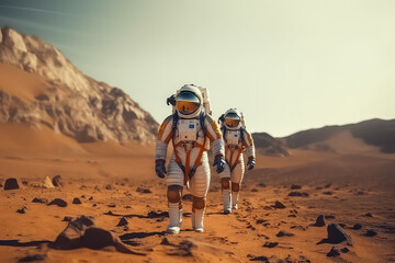astronauts wearing space suit walking on a surface of a red planet Mars. Mars colonization concept, AI
