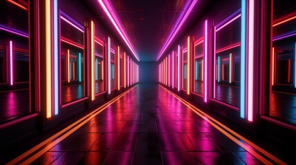 Fototapeta premium neon room platform playground hall with lighting, photo room, neon stage, neon walls light flash brightness floor basement garage, neon place