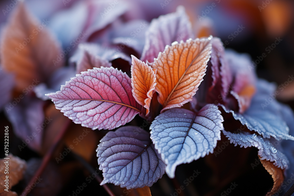 Leinwandbilder  An image of frost patterns forming on autumn leaves, creating a captivating blend of seasonal beauty.  