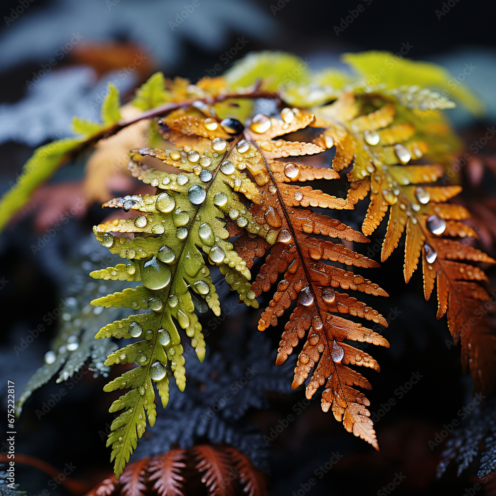 Leinwandbilder  A capture of frost patterns adorning the fronds of ferns, creating a mesmerizing contrast of delicate patterns and rugged leaves.  