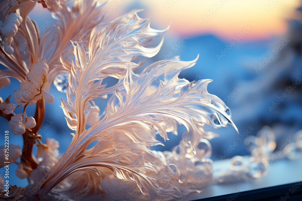 Poster  An atmospheric shot of frost forming on a window in the shape of whimsical swirls and curves, evoking a sense of magic.  