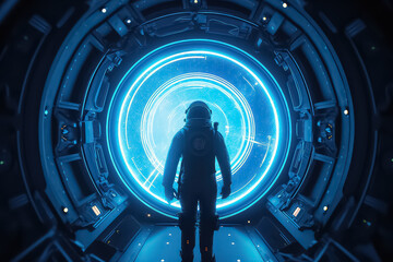 Astronaut standing in front of an mysterious open door portal to another world. AI - obrazy, fototapety, plakaty