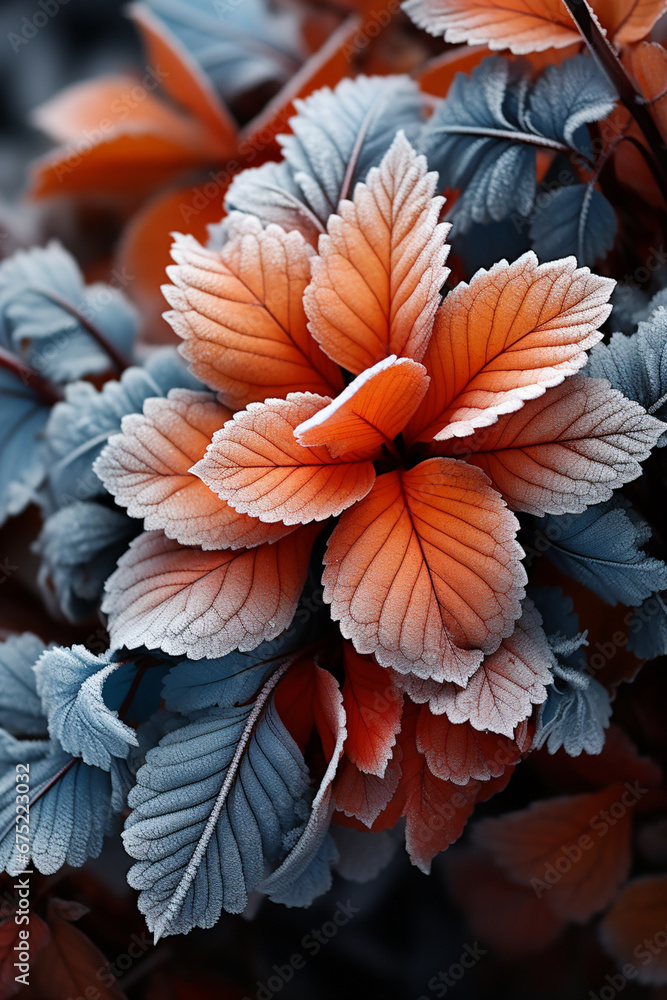 Aufkleber a close-up shot of frost forming intricate patterns on the surface of leaves and branches, showcasin