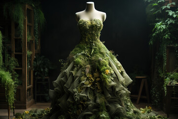 Beautiful dress made of fresh green leaves and plants, sustainable fashion
