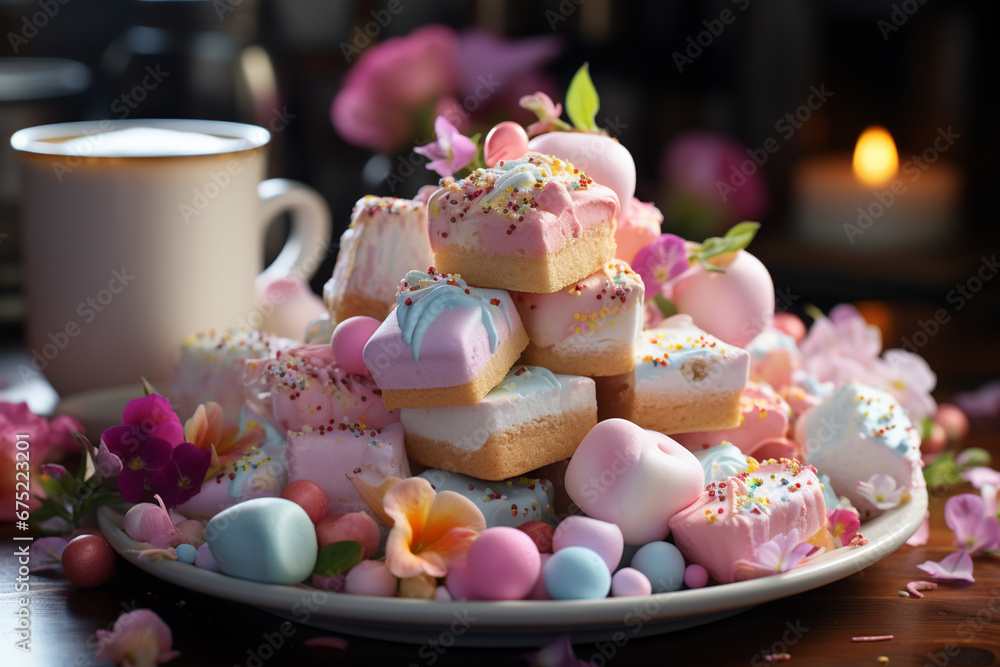 Poster a creative arrangement of marshmallows cut into different shapes and sizes, showcasing their versati