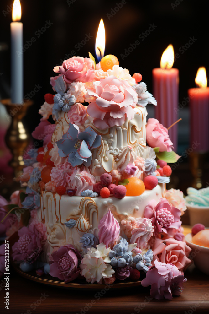 Poster an image of an intricately designed cake or dessert adorned with delicate edible marshmallow decorat