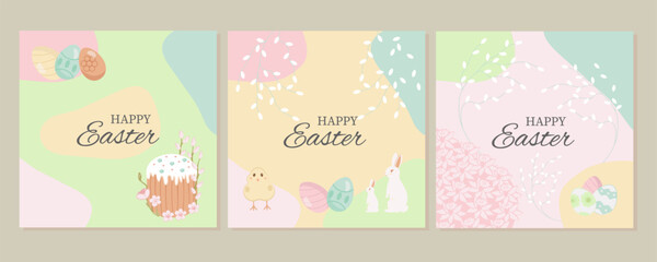 Happy Easter day greeting card. Easter bunny, chicken, duckling, eggs, willow, flowers, tulips, daffodils. Cartoon greeting card. Vector illustration.