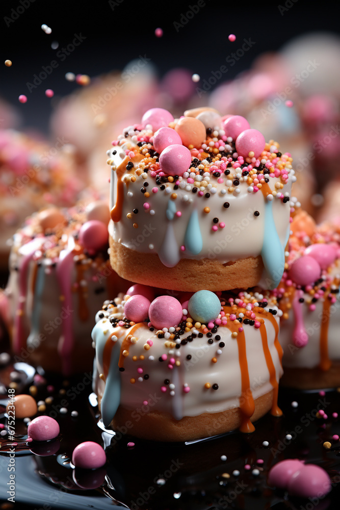 Poster a creative presentation of marshmallows dipped in chocolate and adorned with colorful sprinkles, per