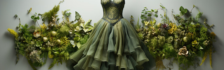 Beautiful dress made of fresh green leaves and plants, sustainable fashion