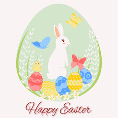 Happy Easter day greeting card. Easter bunny, chicken, duckling, eggs, willow, flowers, tulips, daffodils. Cartoon greeting card. Vector illustration egg-shaped.