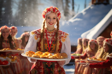 Slavic national festival Maslenitsa or shrovetide. Women in headscarf eat big tasty pancakes, have fun on winter pancake holiday week. - obrazy, fototapety, plakaty