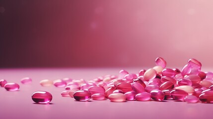 Close-up of pink tablets and capsules on light background. Health care concept with copy space. Generative AI