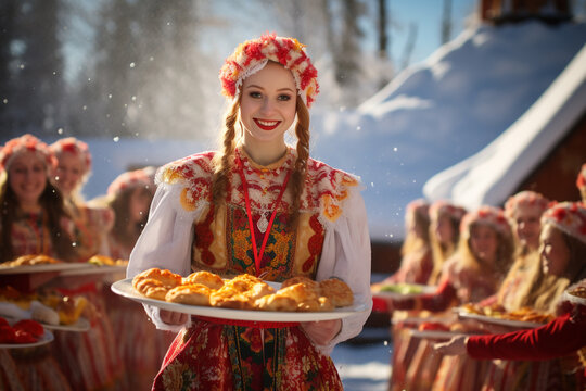 Slavic national festival Maslenitsa or shrovetide. Women in headscarf eat big tasty pancakes, have fun on winter pancake holiday week.