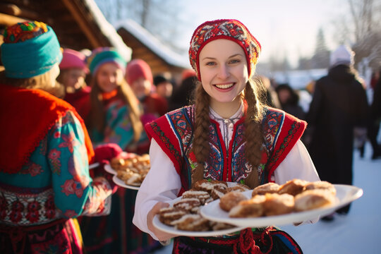 Slavic national festival Maslenitsa or shrovetide. Women in headscarf eat big tasty pancakes, have fun on winter pancake holiday week.