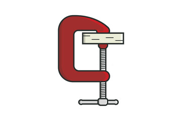 Wooden Piece in Clamp Compression Tool Sticker vector illustration. Tools object icon concept. Carpenter repairing tool and working tool clamp sticker design icon logo.